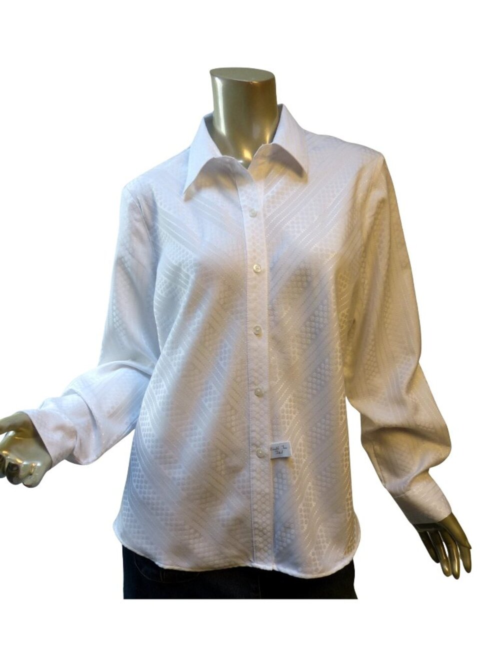 Foxcroft Wrinkle Free Fitted Button-Up Top Sz 14 White Polished Cotton Chevron